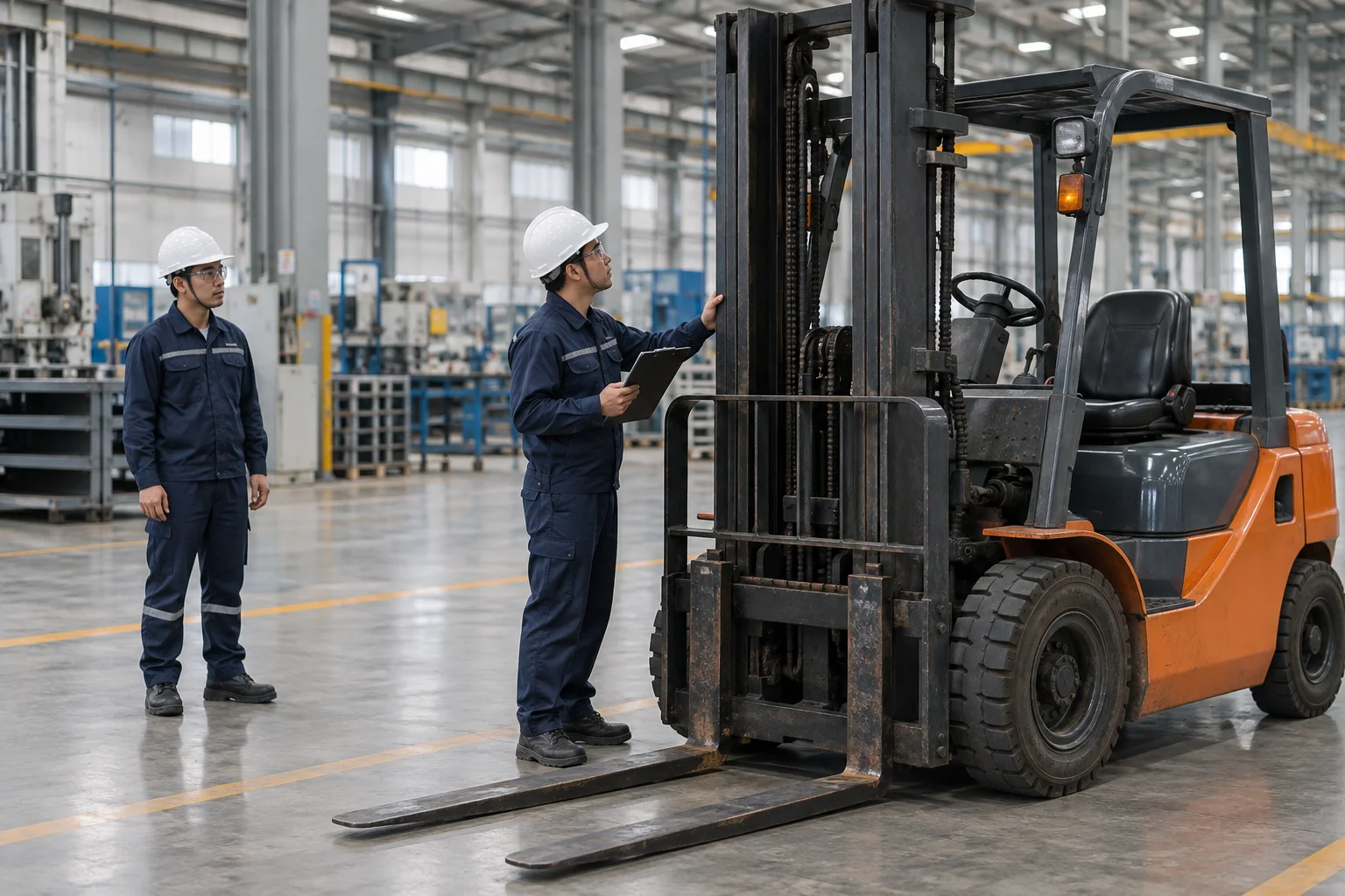 Ảnh minh họa AI: kỹ sư mặc bảo hộ kiểm tra xe nâng trong nhà xưởng